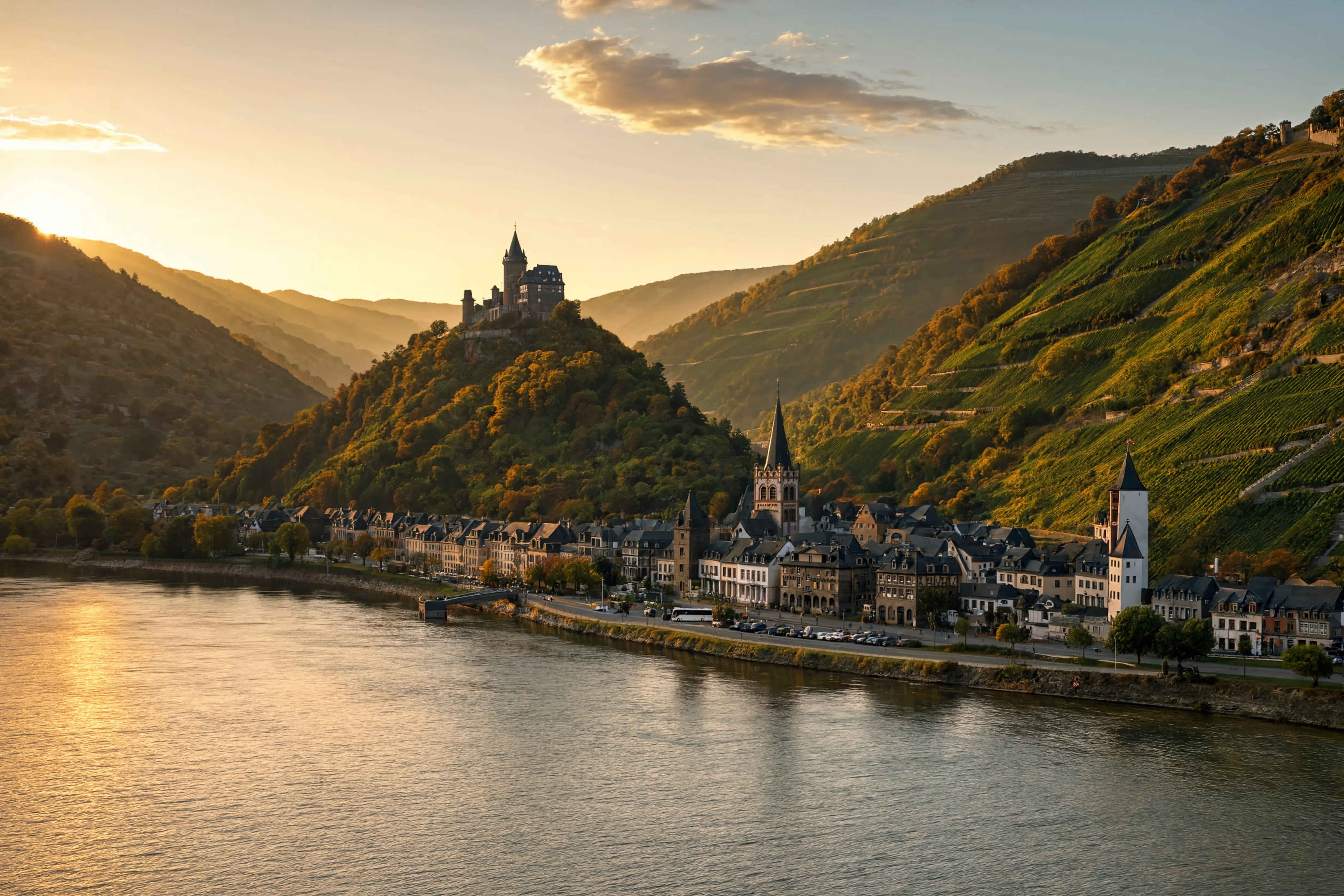 Rheintal mit Weinbergen und mittelalterlichen Burgen im Morgennebel
