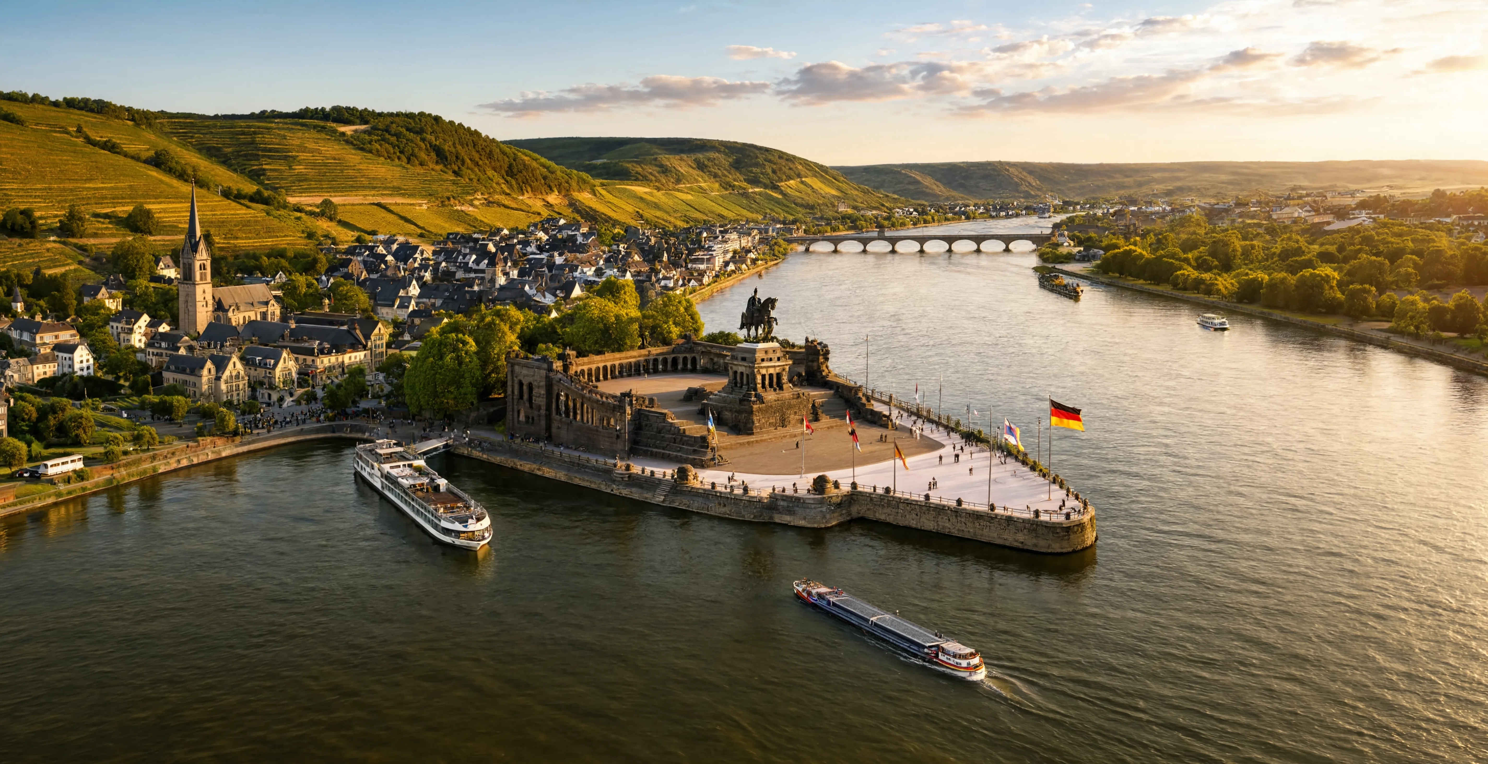 Panoramablick über eine deutsche Flusslandschaft mit Burgen und Weinbergen bei Sonnenuntergang